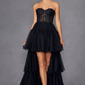 Black high low formal homecoming dress.Prom party evening strapless black tie